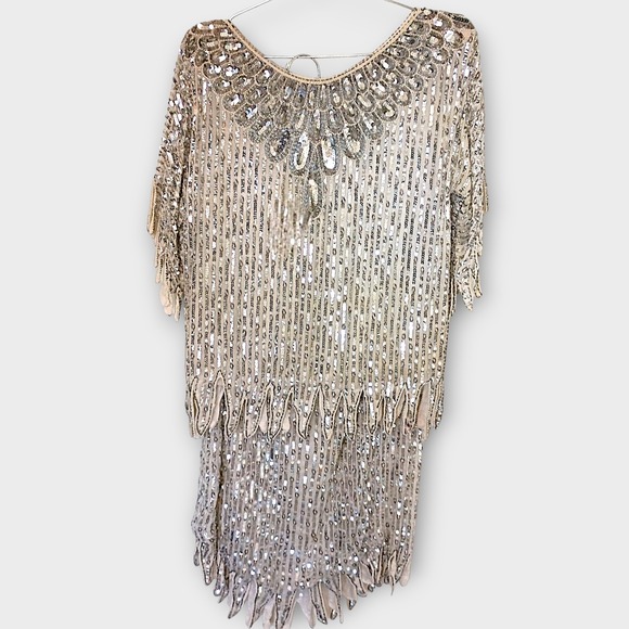 Sequin Beaded Silk Flapper Dress Party Cocktail Vintage 1920s Style - Picture 1 of 13